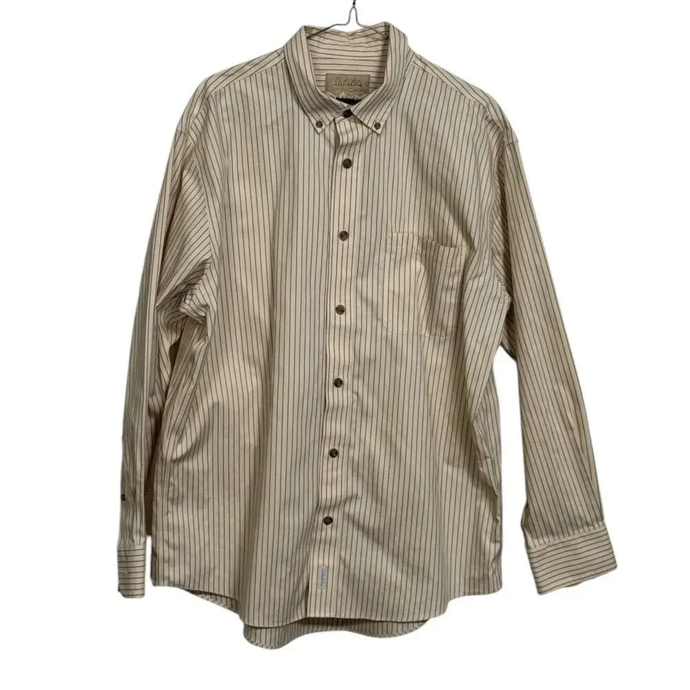 Cabelas Outfitter Series‎ Long Sleeve Shirt Mens Large Beige Button Down Striped